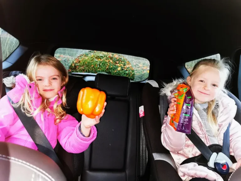 Two kids in the backseat of a moving car, wearing winter jackets and eating snacks during a long car journey.
