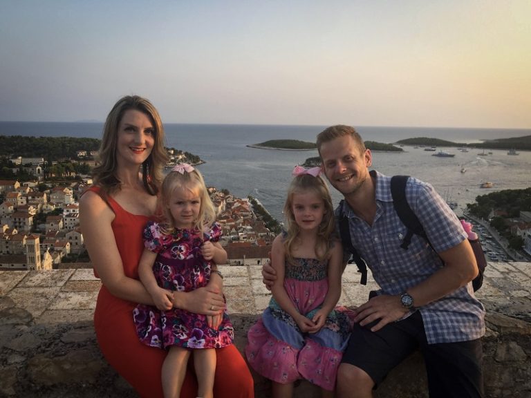 2 Weeks in Croatia - Family Itinerary - Family photo on the walls of Hvar Fortress