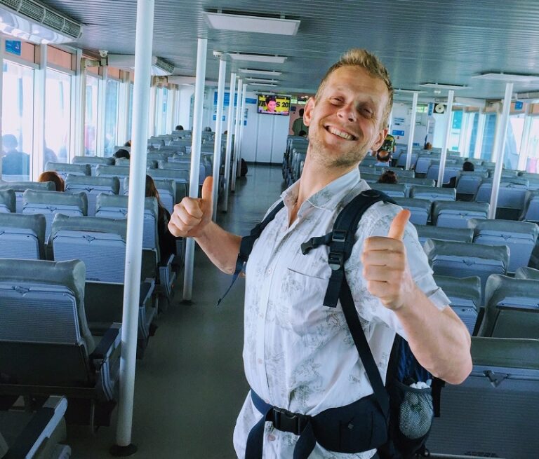 Interior of a ferry to Koh Samui, Thailand, with passengers seated and enjoying the journey across the Gulf of Thailand.