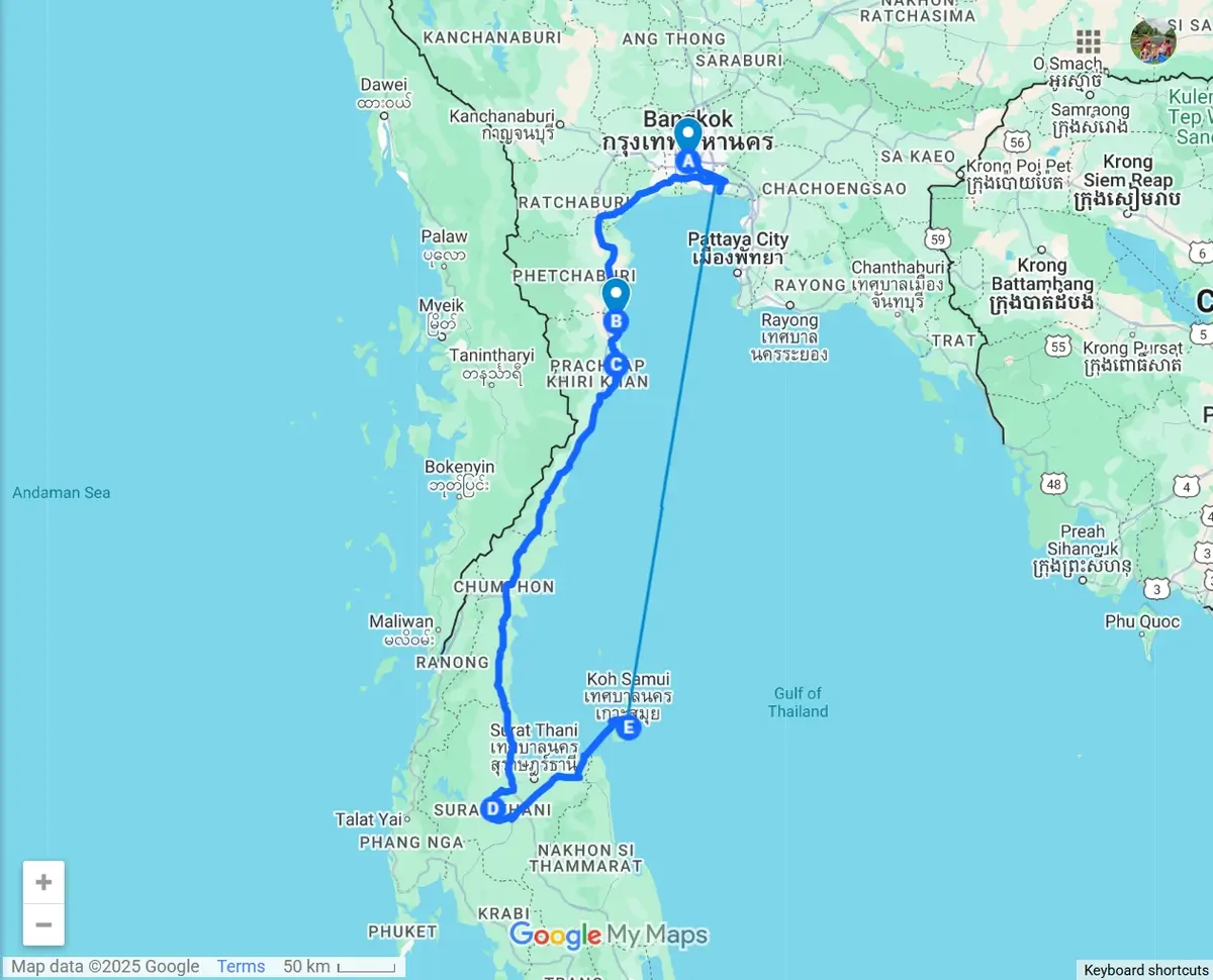 Map of 2 Week Thailand Itinerary with Kids