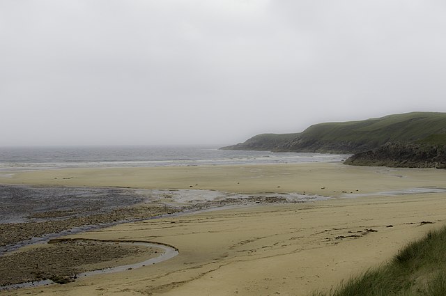 View of Armadale Beach in Sutherland, Scotland, with sandy shoreline and gentle waves under a clear sky.