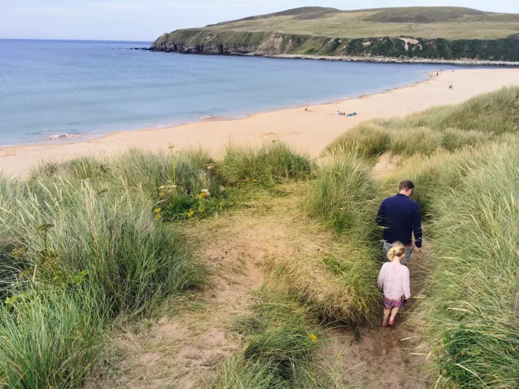 A coastal scene with a sandy beach and grassy dunes, featuring a narrow path and Dad and daughter walking towards the shore, with cliffs in the background.