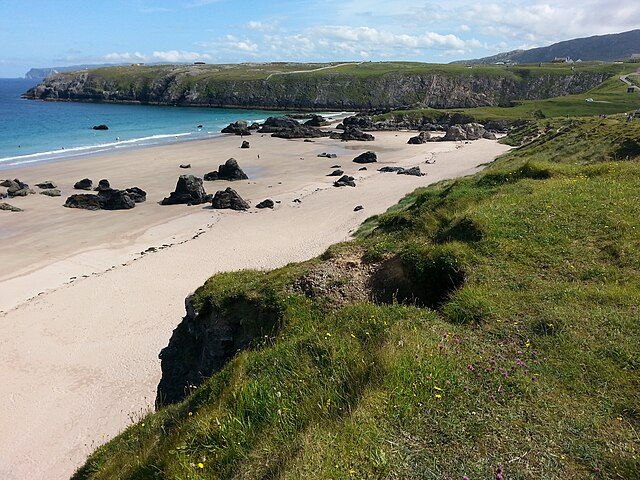 Panoramic view of Sango Bay with rocky stacks, golden sand, and turquoise waves seen from Sango Sands Campsite.