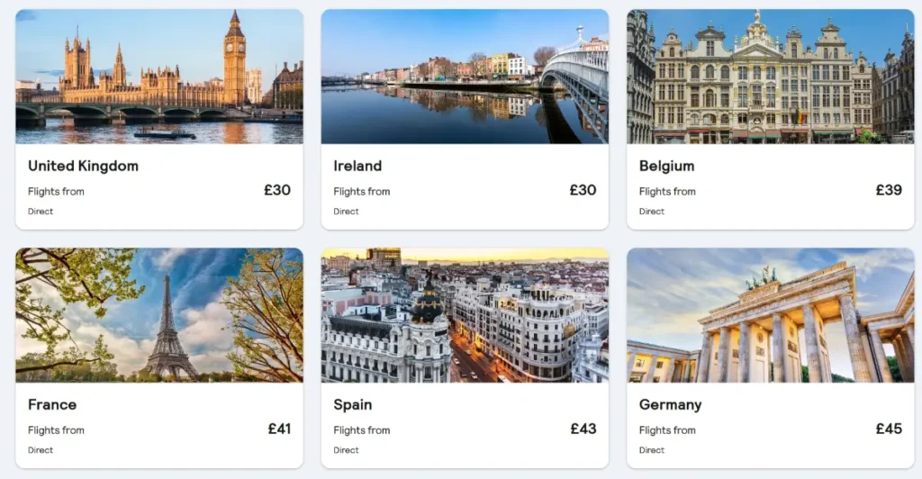 Skyscanner search results showing flight prices from Manchester to United Kingdom, Ireland, Belgium, France, Spain and Germany.