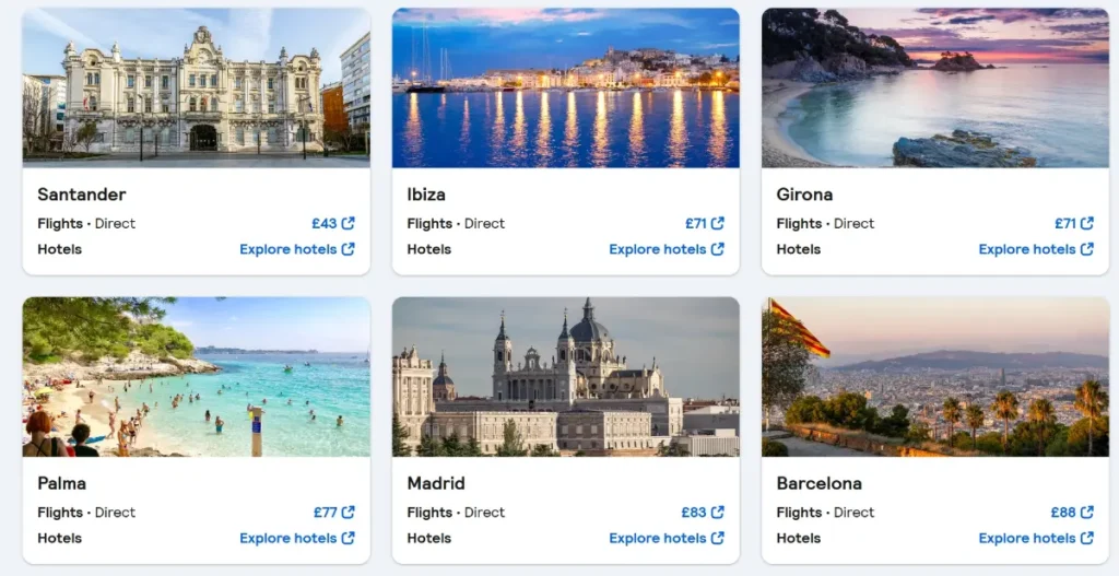Skyscanner search results showing cheap flight prices in school holidays from Manchester to Spain, including Santander, Ibiza, Girona, Palma, Madrid, and Barcelona.