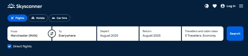Skyscanner flight search page displaying options for Manchester departures with flexible destinations in August 2025. The start of how we use the Skyscanner tool to book cheap flights in school holidays.