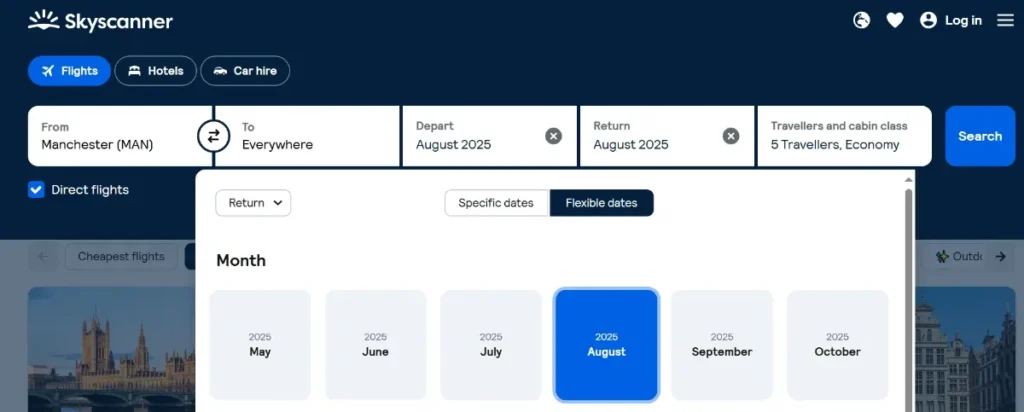 Skyscanner flight search interface displaying flexible travel options from Manchester in August 2025.