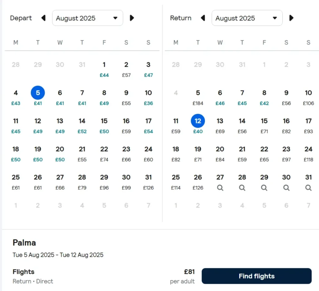 Skyscanner calendar flight selection for Manchester to Palma in August 2025, displaying calendar prices for departure and return dates. The prices displayed are for cheap flights during school holidays.
