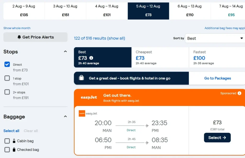 EasyJet flight selection screen showing available flight dates, prices, and direct travel options from Manchester to Palma.