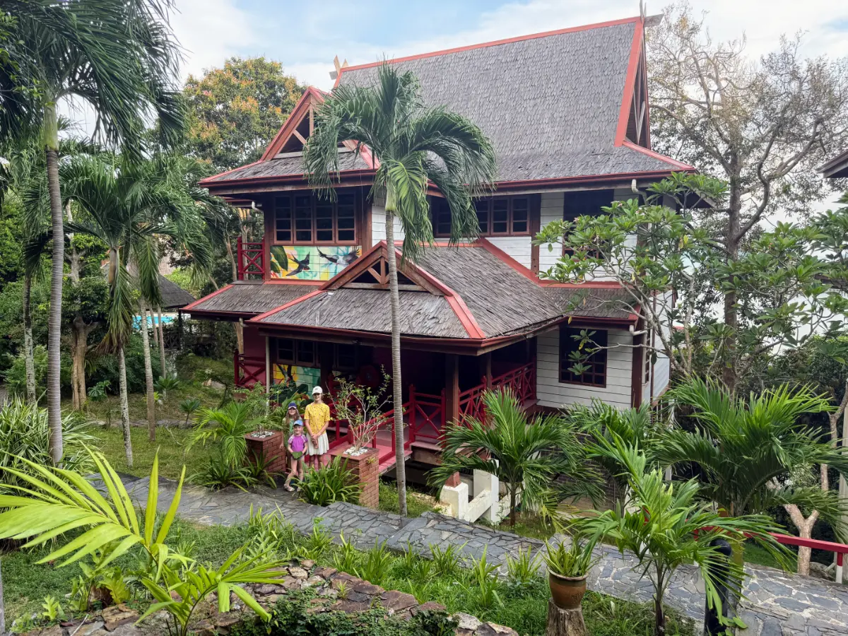 Traditional house at Sari Village Jungle Retreat in Langkawi, surrounded by tropical greenery—our family accommodation in Malaysia.