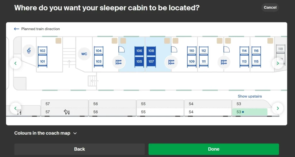 Image of visual cabin layout on VR Matkalla train from Helsinki to Rovaniemi