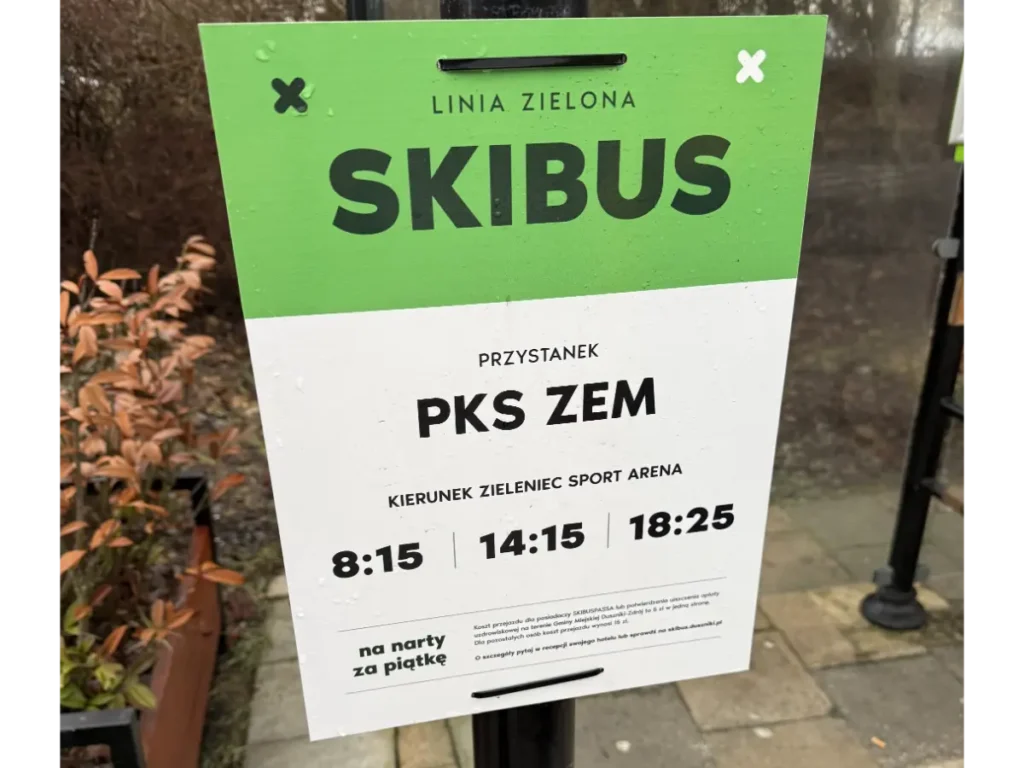 Ski bus stop in Duszniki-Zdrój for transport to Zieleniec, a beginner ski resort in Poland